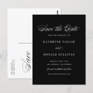 Schwarze klassische Skripttypografie Save the Date Postkarte