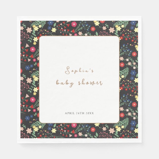 Schwarze Kleine Wildblume Frame Baby Dusche Serviette (Vorderseite)