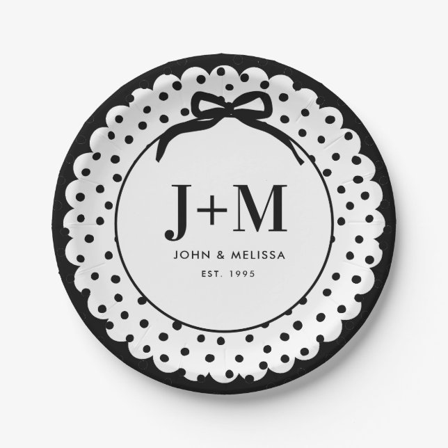Schwarze Kokette-Schleife Jubiläums-Initialen Pappteller (Vorderseite)