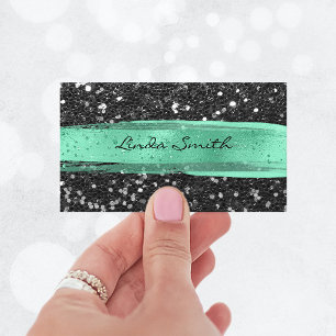 Schwarze Konfetti-Glitter-Mintgrün-Bürstenstriche Visitenkarte