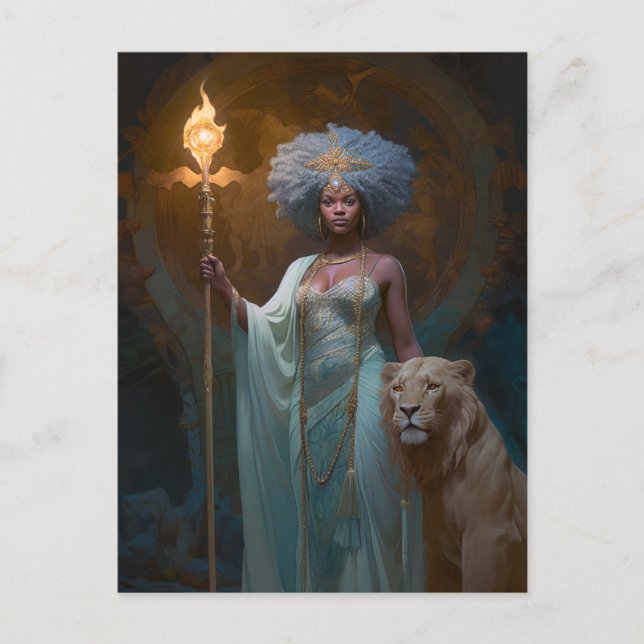 Schwarze Königin mit Lion Fantasy Art Postkarte (Vorderseite)