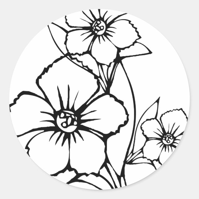 Schwarze Kontur von Blume drei Runder Aufkleber (Vorderseite)