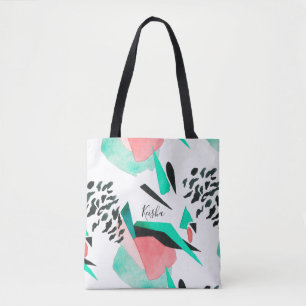 Schwarze Koralle und Aqua Abstrakt Print mit Namen Tasche