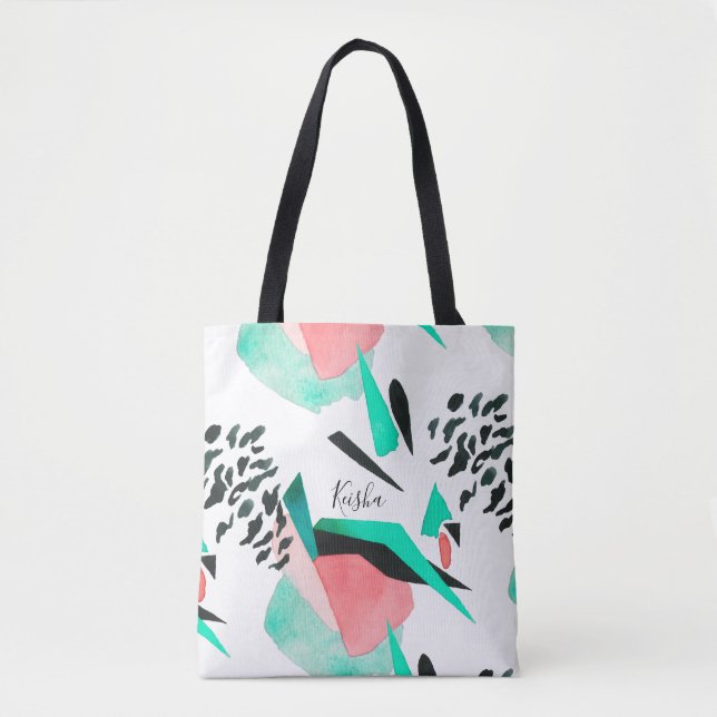 Schwarze Koralle und Aqua Abstrakt Print mit Namen Tasche (Vorderseite)
