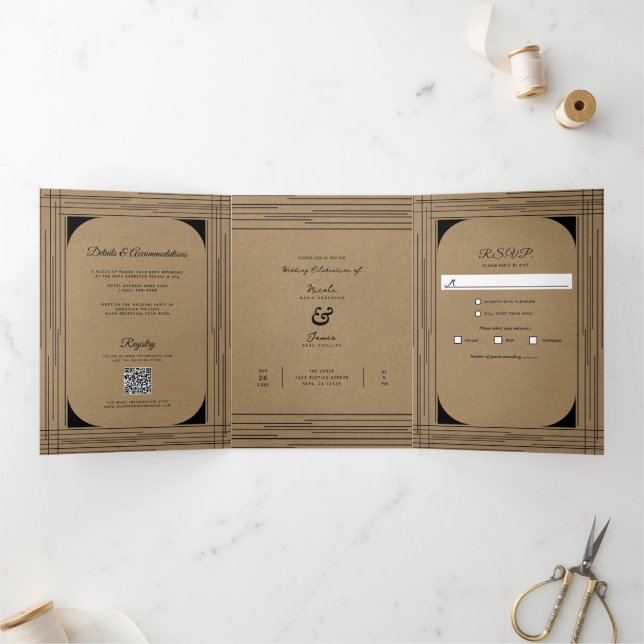 Schwarze Kraft Minimal Moderne Linien Hochzeit Dreifach Gefaltete Einladung (Innenseite)