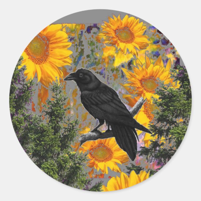 Schwarze Krähe und Sonnenblumen Runder Aufkleber (Vorderseite)
