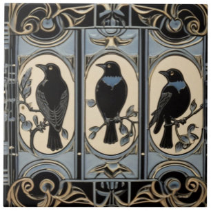 Schwarze Krähenvögel Art Nouveau Art Deco Vogel Fliese