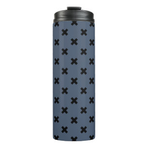 Schwarze Kreuzstiche auf blau-grau Thermosbecher