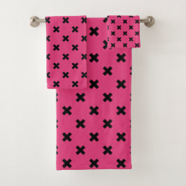 Schwarze Kreuzstiche auf Fuchsia Badhandtuch Set