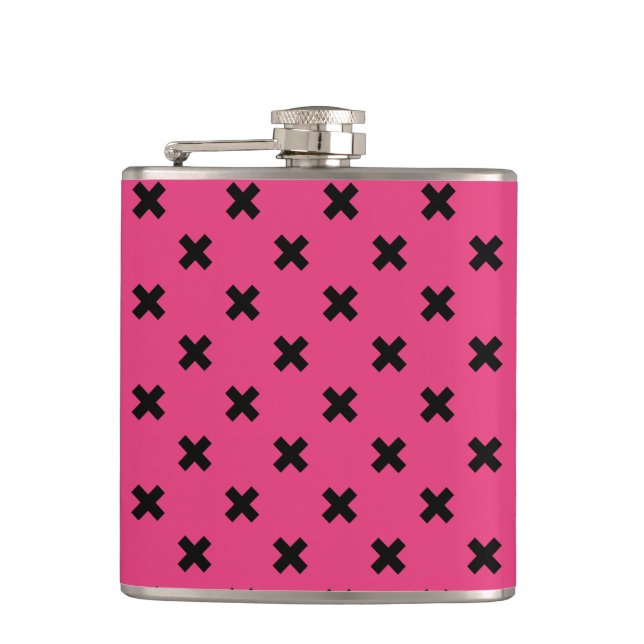 Schwarze Kreuzstiche auf Fuchsia Flachmann (Vorderseite)