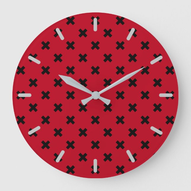Schwarze Kreuzstiche auf Rot Große Wanduhr (Vorderseite)
