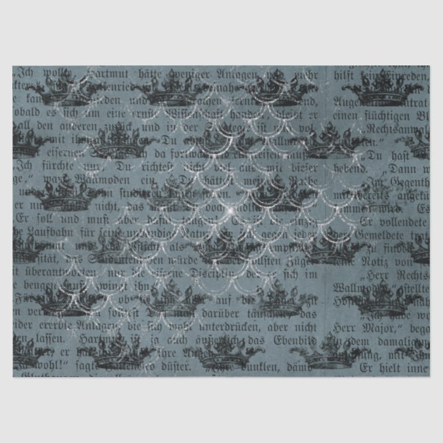 Schwarze Kronen und Schreiben auf blauem Dekoupage Seidenpapier (Vorderseite)