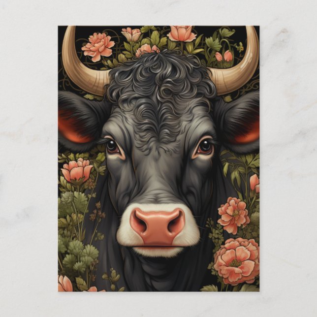 Schwarze Kuh mit Curly Hair in den Blume Postkarte (Vorderseite)