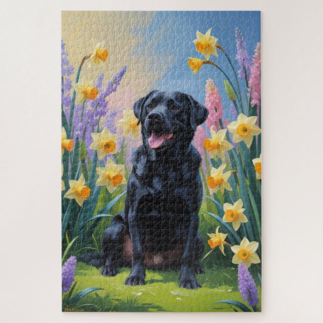 Schwarze Labrador Hunde Frühlingsblumen Malerei (Vertikal)