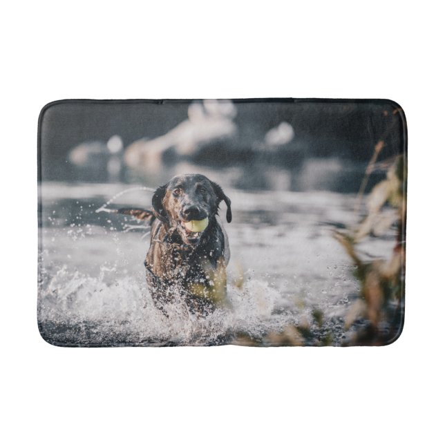 Schwarze Labrador-Plays in Wasser Badematte (Vorderseite)