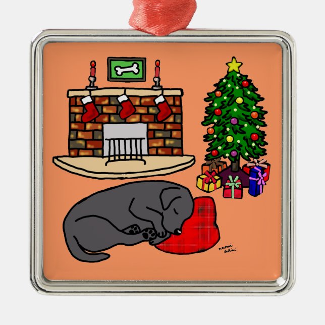Schwarze Labrador-Weihnachtsbaum-Illustration Ornament Aus Metall (Vorne)