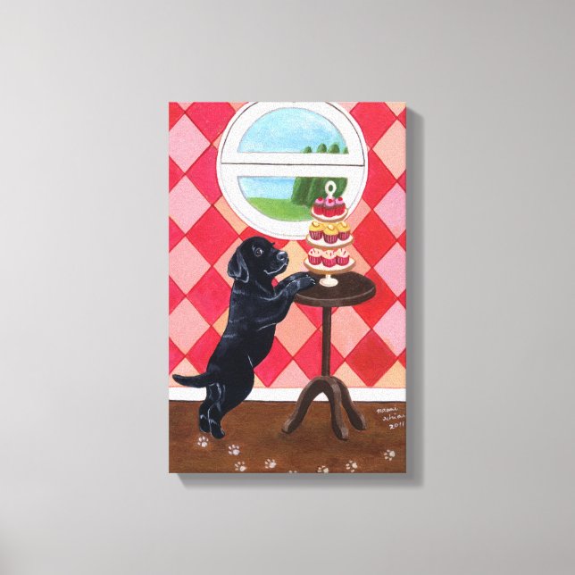 Schwarze Labrador Welpen und Cupcakes Artwork Leinwanddruck (Vorderseite)