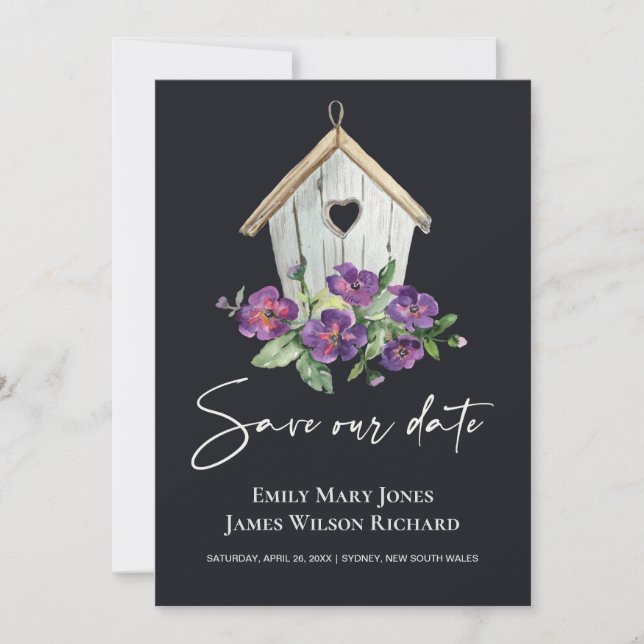 SCHWARZE LÄNDER RUSTIK LILA BLUMENBIRDHOUSE SAVE THE DATE (Vorderseite)