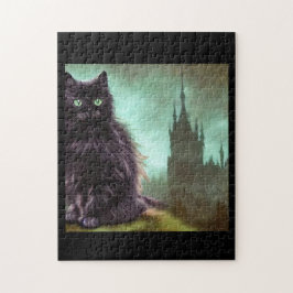Schwarze, langhaarige Katzenaugen vor Schloss