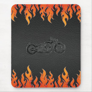 Schwarze Leder Orange Flammen Chrom Motorrad Mousepad