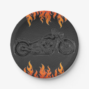 Schwarze Leder Orange Flammen Motorrad Biker Party Pappteller