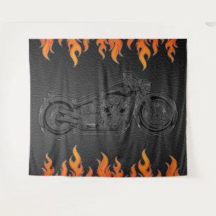 Schwarze Leder Orange Flammen Motorrad Biker Party Wandteppich