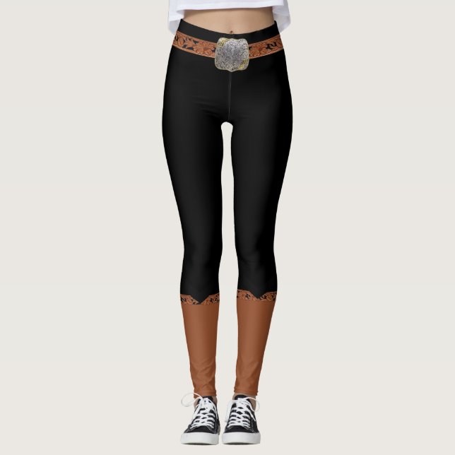 Schwarze Leggings mit Imitat-Gürtel und Cowboystie (Vorderseite)