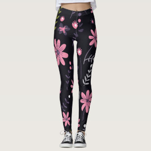 Schwarze Leggings mit rosa Blumendruck -