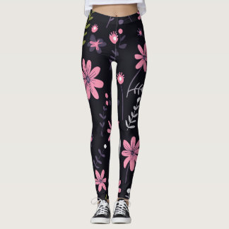 Schwarze Leggings mit rosa Blumendruck -