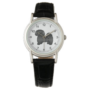 Schwarze Lhasa-Apso-Süße-Cartoon-Hund-Illustration Armbanduhr