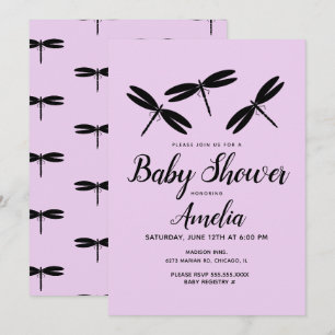 Schwarze Libellen Lila Babyparty-Einladung Einladung
