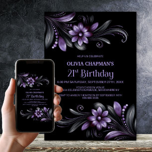 Schwarze lila Blumenparty zum 21. Geburtstag Einladung