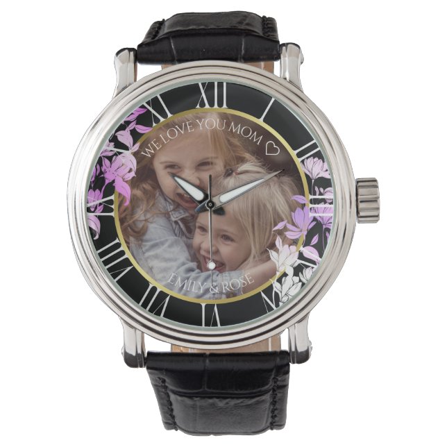 Schwarze Lila florale benutzerdefinierte Kinderfot Armbanduhr (Vorderseite)