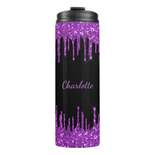 Schwarze lila Glittertropfen mit individuellem Mon Thermosbecher