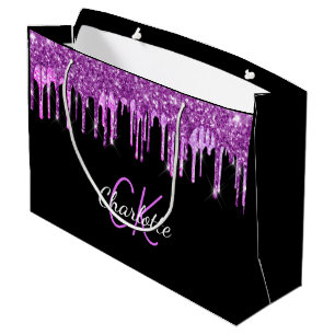 Schwarze lila Glittertropfen-Monogramm Glanz Große Geschenktüte