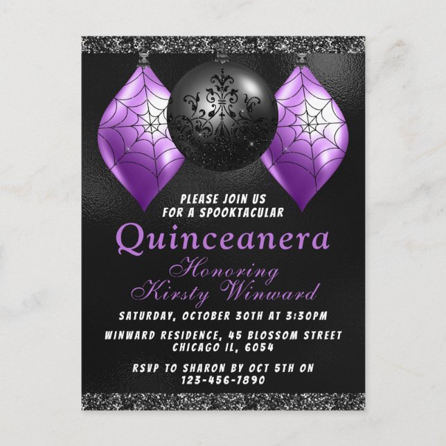 Schwarze Lila Halloween-Ornamente Quinceañera Postkarte (Vorderseite)