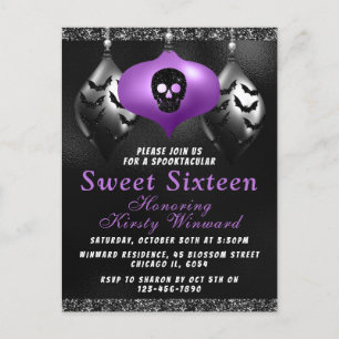 Schwarze lila Halloween-Ornamente Sweet 16 Postkarte