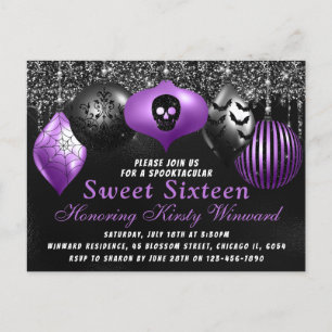 Schwarze lila Halloween-Ornamente Sweet 16 Postkarte