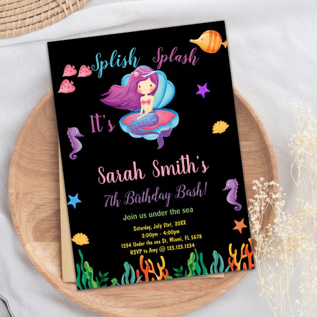 Schwarze Lila Muschel Mermaid Geburtstag Einladung (Black Purple Shell Mermaid Birthday Invitations)