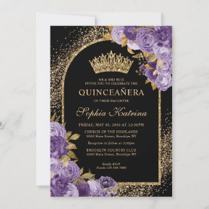 Schwarze Lila Pflaume Gold Glitter Blumen Quincean Einladung
