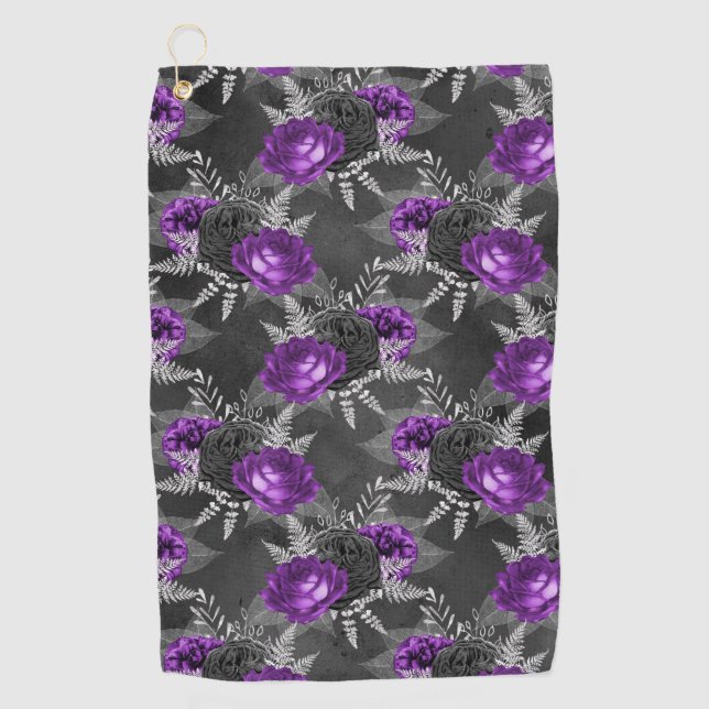 Schwarze Lila Rose Elegante Silver Blätter Garten Golfhandtuch (Vorderseite)