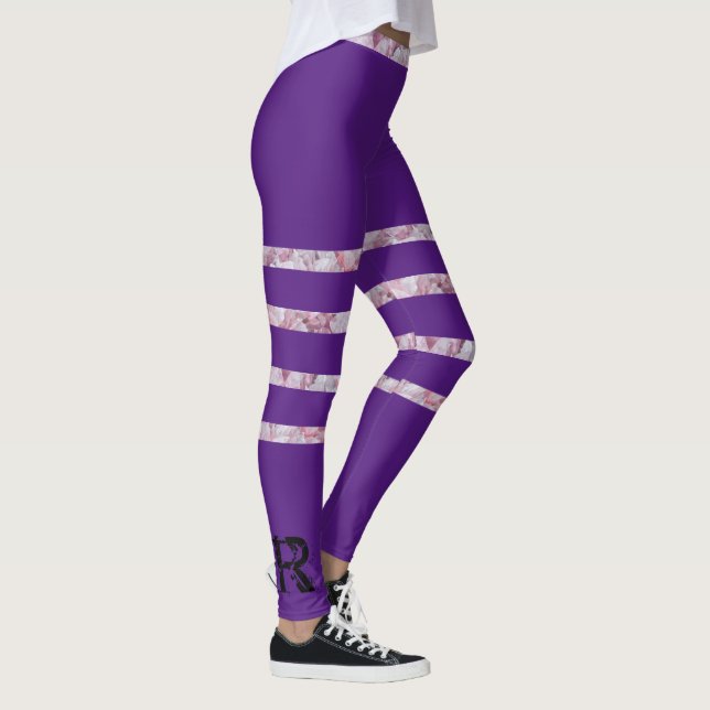 Schwarze Lila Rose Quartz Streifen Monogramm Moder Leggings (Rechts)