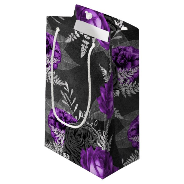 Schwarze Lila Rose Silver Blätter Dunkler Garten Kleine Geschenktüte (Vorderseite Schrägansicht)
