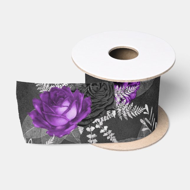 Schwarze Lila Rose Silver Blätter Dunkler Garten Satinband (Spule)