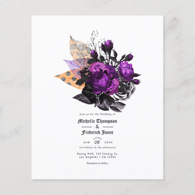 Schwarze, Lila und orange Shabby-Blumenhochzeit Flyer (Vorne)