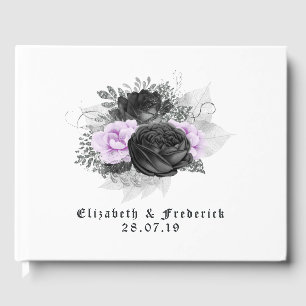 Schwarze lila und silberne florale gotische Hochze Gästebuch