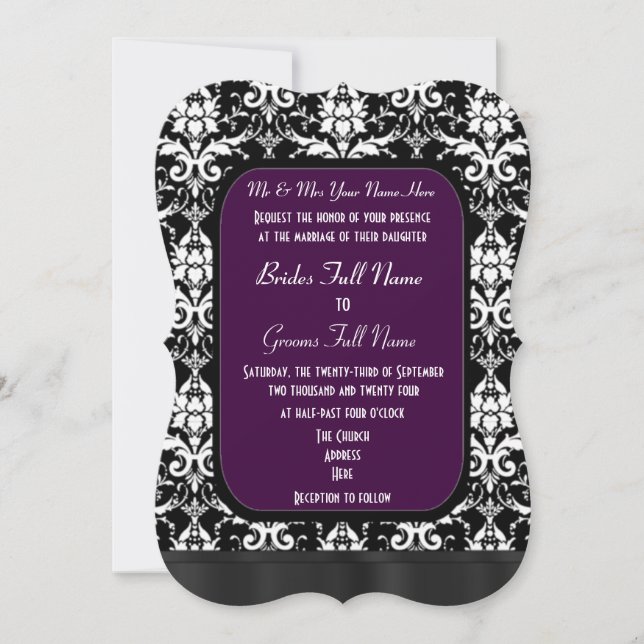 Schwarze, lila und weiße Damastenhochzeit Einladung (Vorderseite)