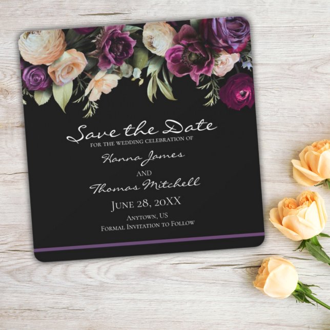 Schwarze Lila Vintage Romantische Blumenhochzeit Save The Date (Von Creator hochgeladen)