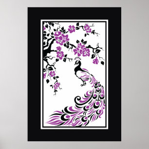 Schwarze, lila, weiße Pfau- und Kirschblüten Poster