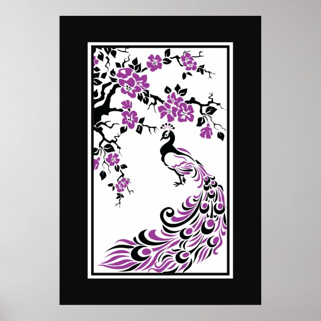 Schwarze, lila, weiße Pfau- und Kirschblüten Poster (Vorne)